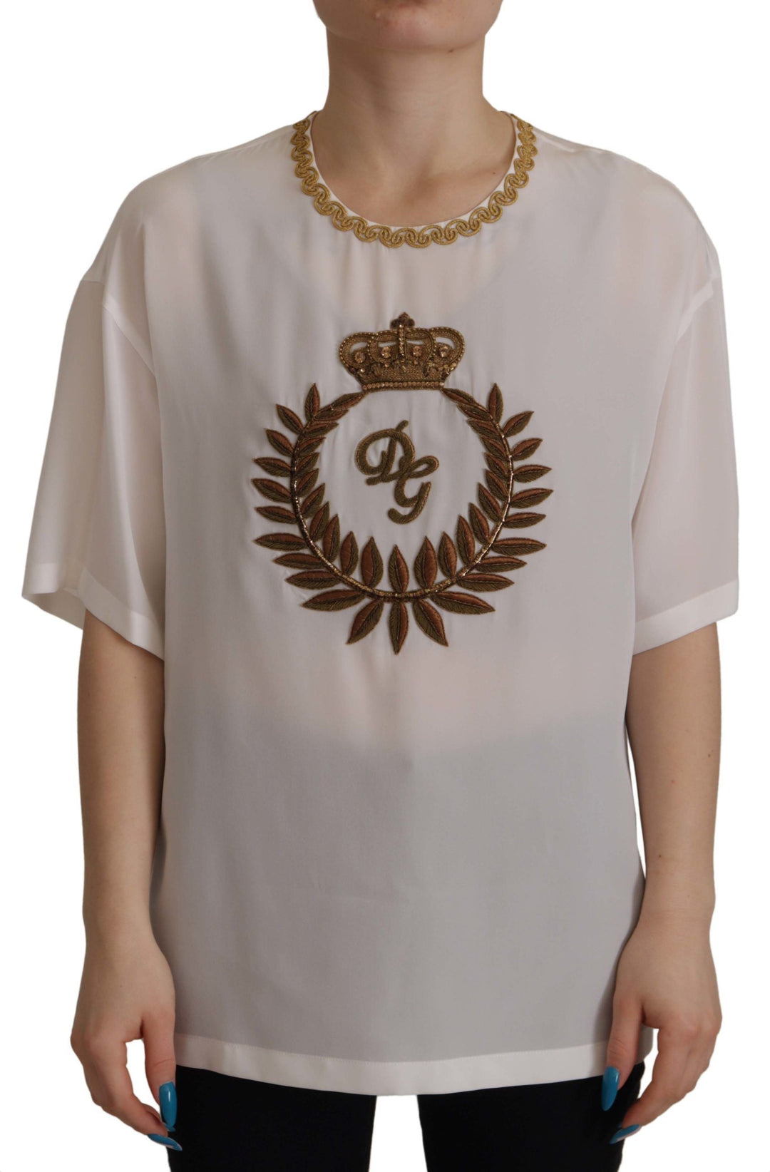 Dolce &amp; Gabbana - White Silk Gold DG Crown Crystal Blouse Top