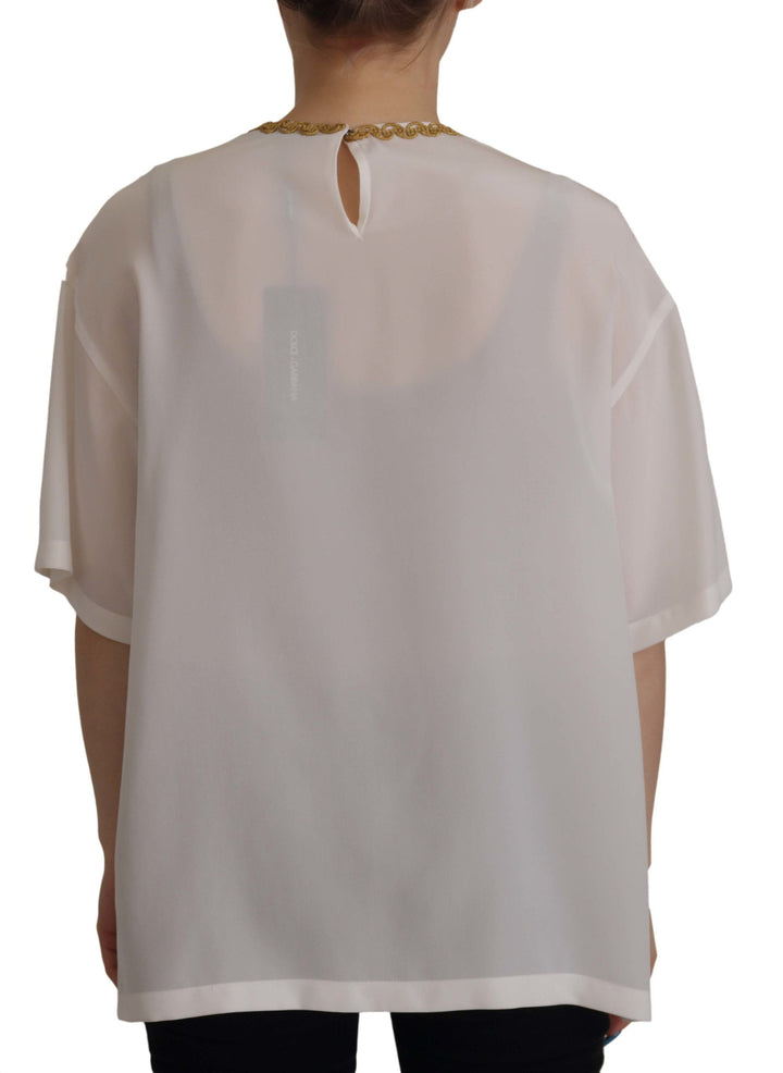 Dolce &amp; Gabbana - White Silk Gold DG Crown Crystal Blouse Top
