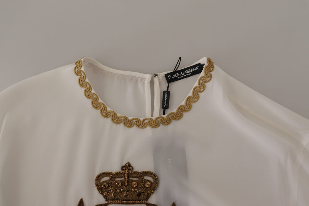 Dolce & Gabbana - White Silk Gold DG Crown Crystal Blouse Top