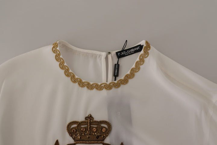 Dolce &amp; Gabbana - White Silk Gold DG Crown Crystal Blouse Top
