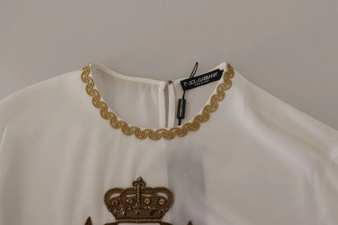 Dolce &amp; Gabbana White Silk Gold DG Crown Crystal Blouse Top