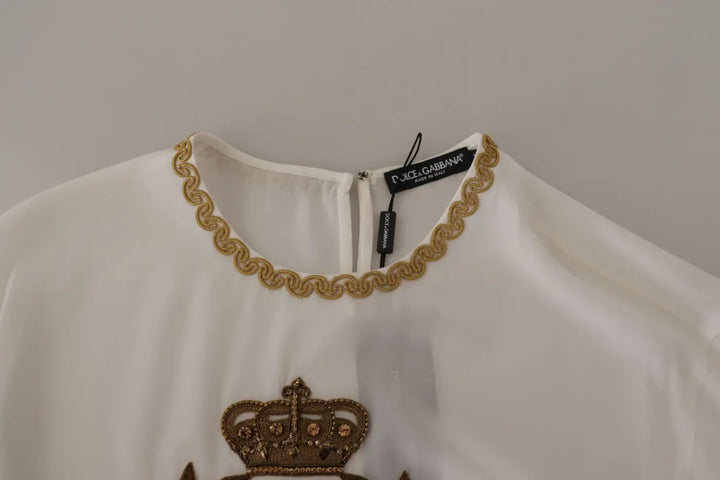 Dolce &amp; Gabbana White Silk Gold DG Crown Crystal Blouse Top