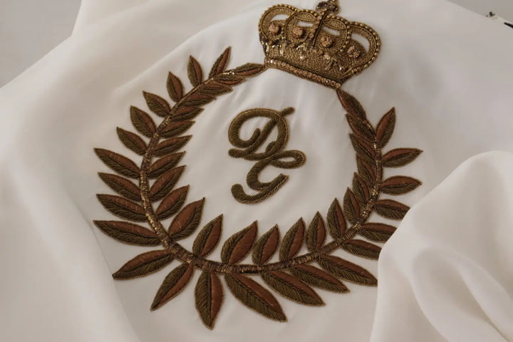 Dolce &amp; Gabbana White Silk Gold DG Crown Crystal Blouse Top