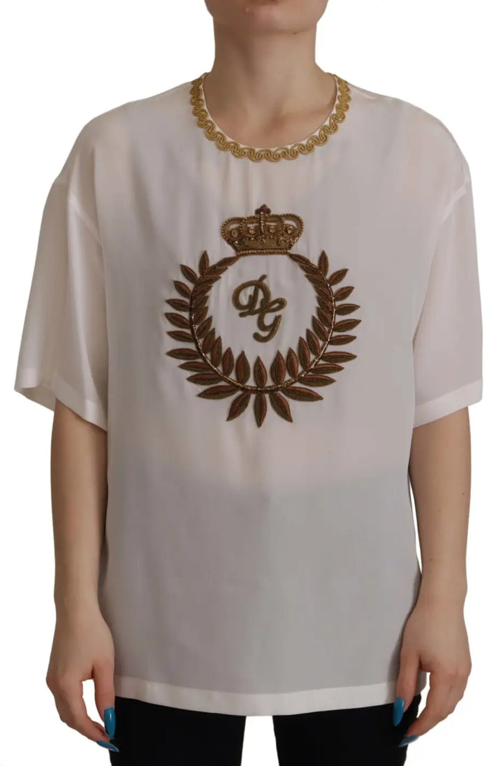 Dolce &amp; Gabbana White Silk Gold DG Crown Crystal Blouse Top