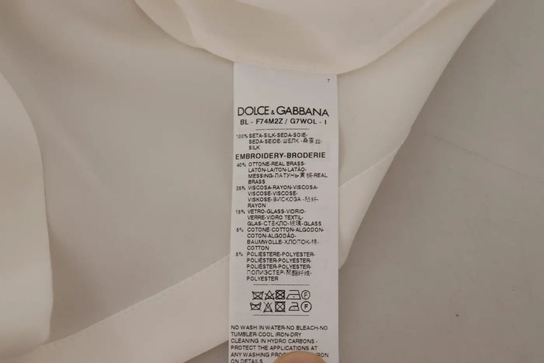 Dolce &amp; Gabbana White Silk Gold DG Crown Crystal Blouse Top