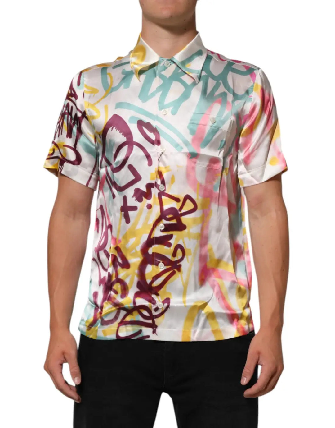 Dolce &amp; Gabbana White Silk Hawaiian Graffiti Print Men Casual Shirt