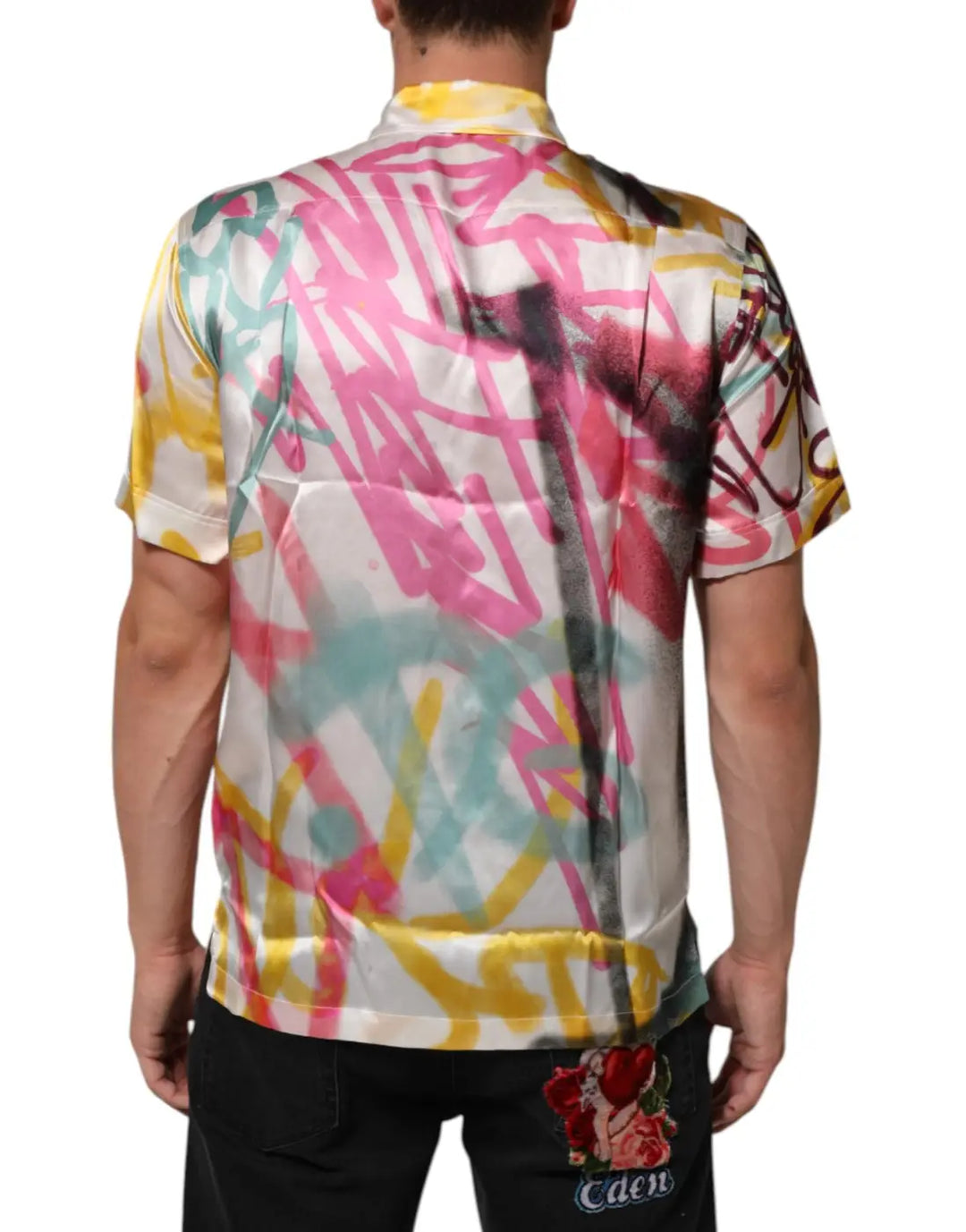 Dolce &amp; Gabbana White Silk Hawaiian Graffiti Print Men Casual Shirt
