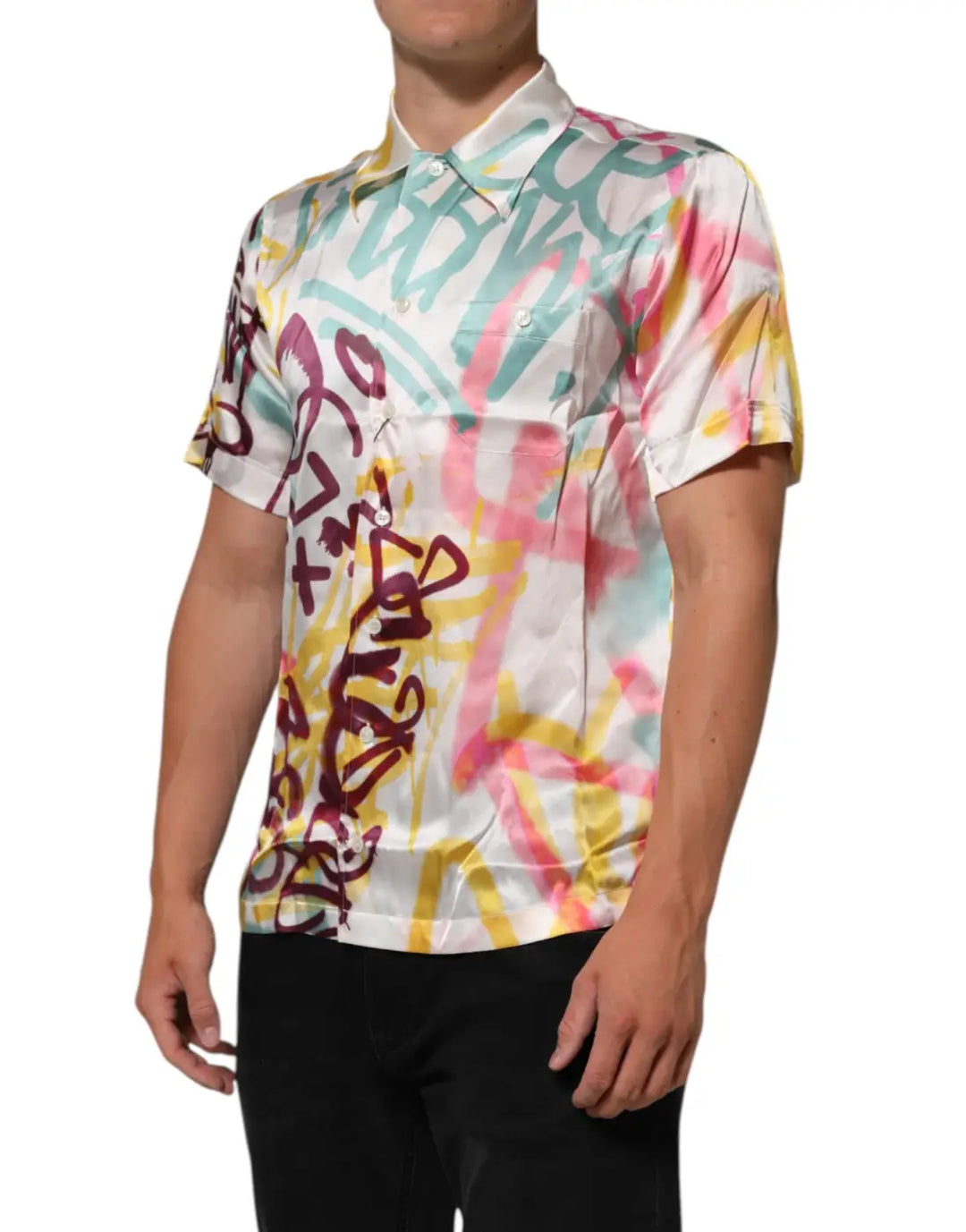 Dolce &amp; Gabbana White Silk Hawaiian Graffiti Print Men Casual Shirt