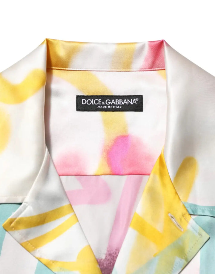 Dolce &amp; Gabbana White Silk Hawaiian Graffiti Print Men Casual Shirt