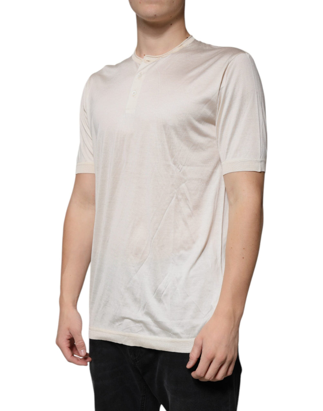 Dolce &amp; Gabbana off White Silk Henley Short Sleeves T-shirt