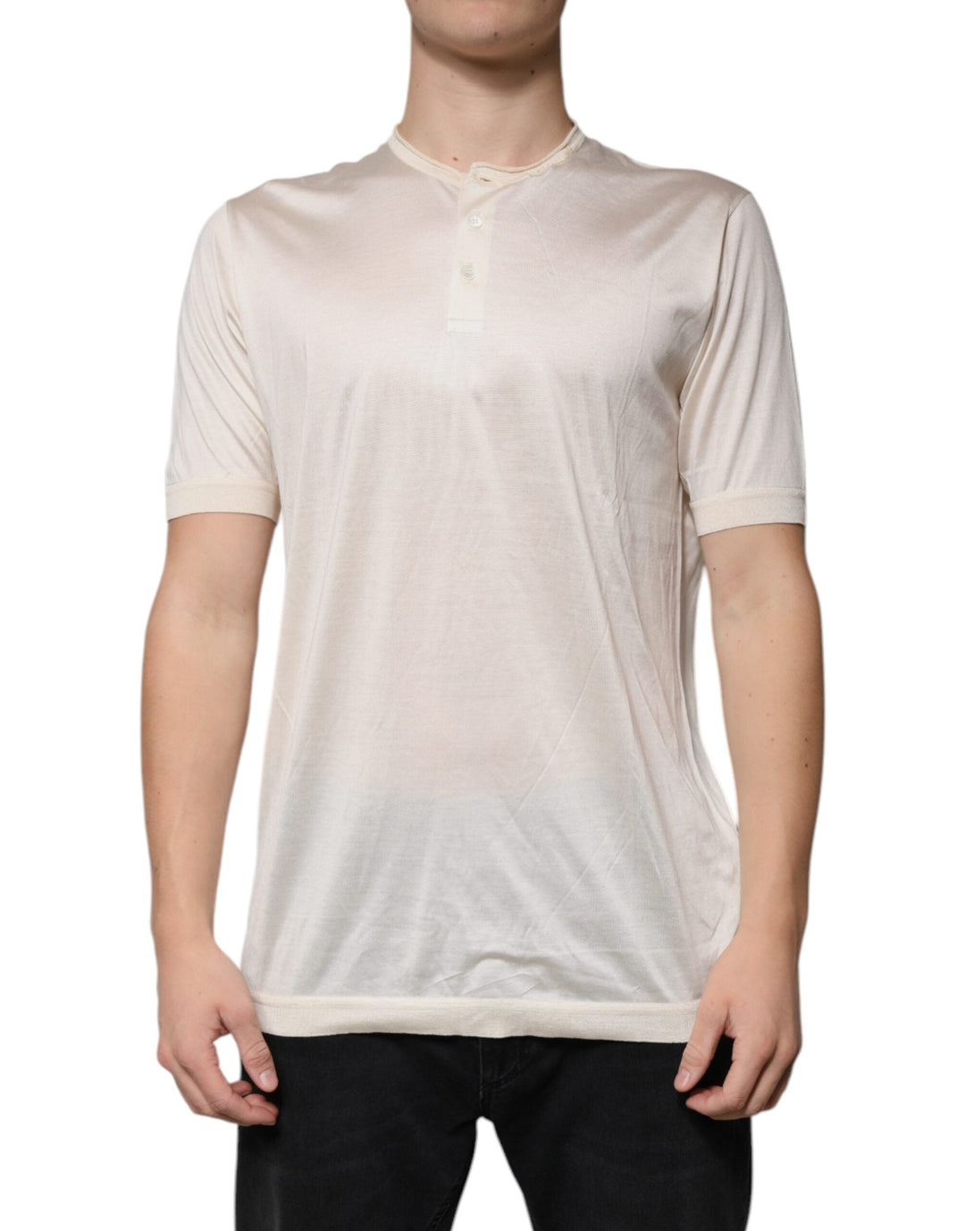 Dolce &amp; Gabbana off White Silk Henley Short Sleeves T-shirt