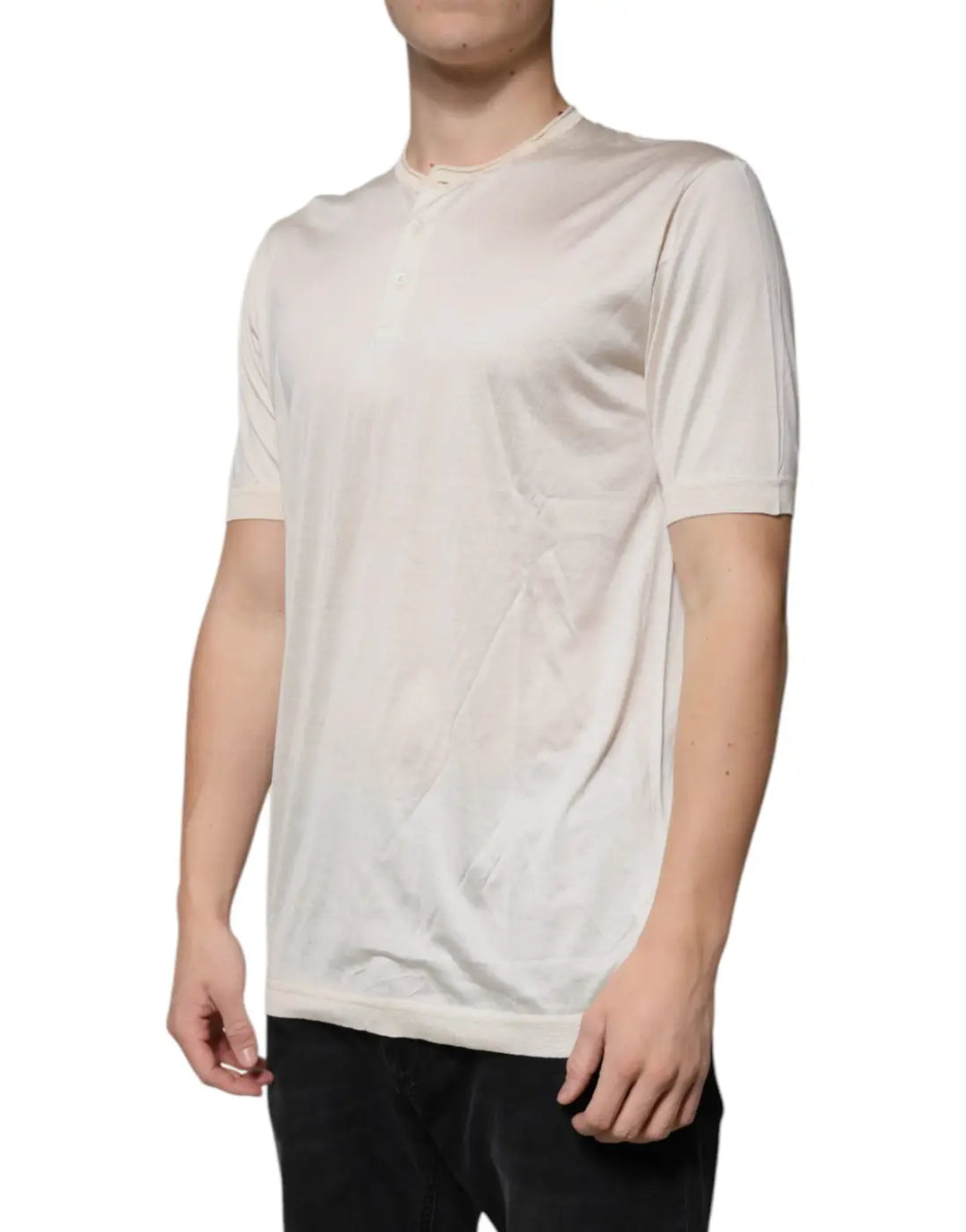Dolce &amp; Gabbana Off White Silk Henley Short Sleeves T-Shirt