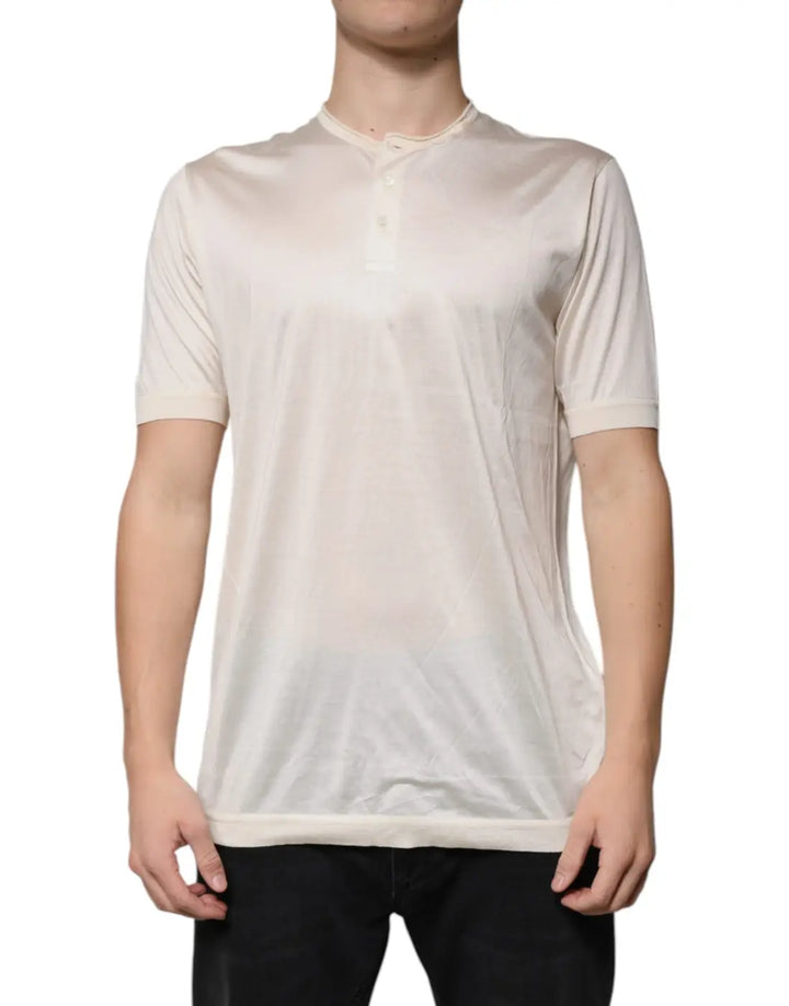 Dolce &amp; Gabbana Off White Silk Henley Short Sleeves T-Shirt
