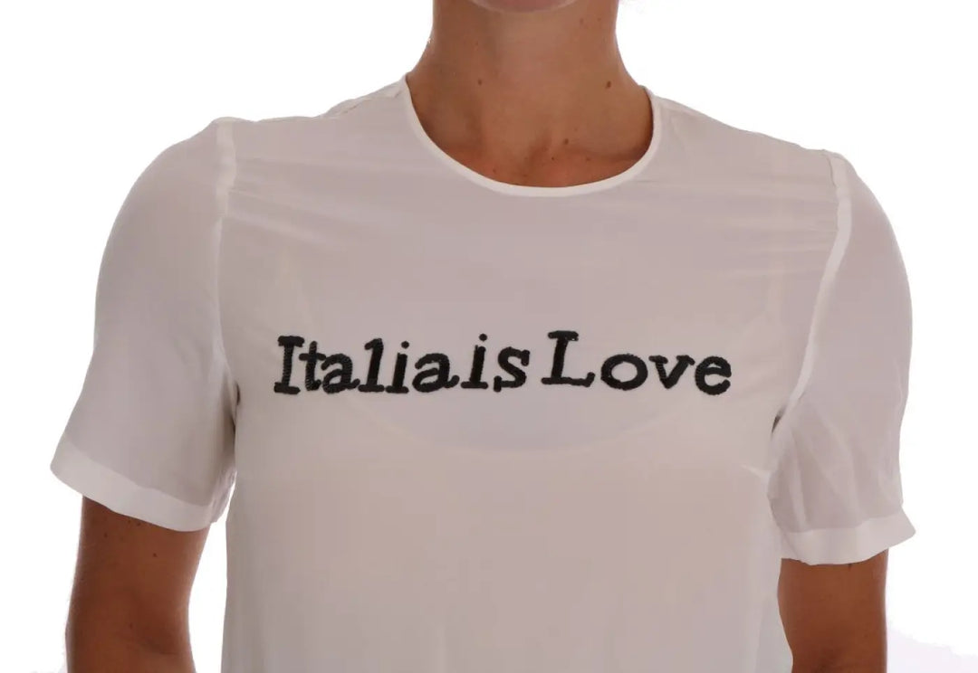 Dolce &amp; Gabbana White Silk ITALIA IS LOVE Blouse T-shirt