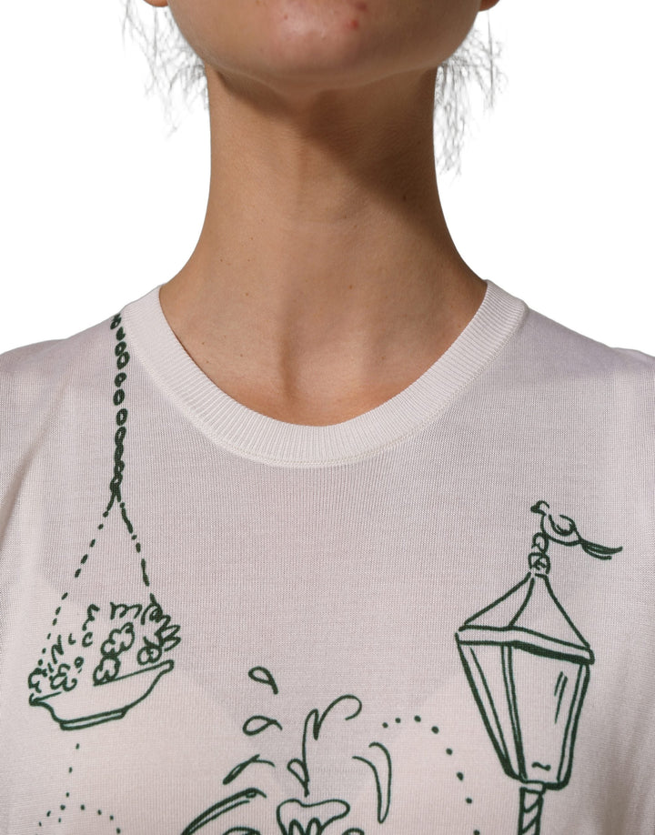 Dolce &amp; Gabbana - White Silk Knit Garden Fountain Print Tank Top