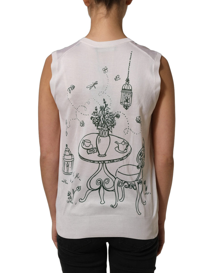 Dolce &amp; Gabbana - White Silk Knit Garden Fountain Print Tank Top