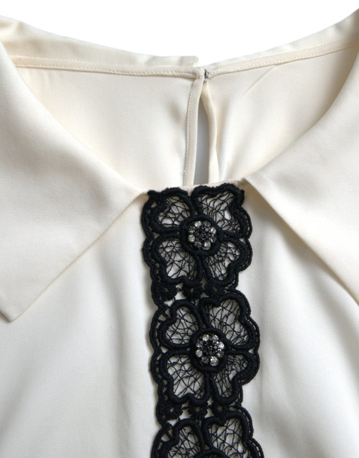 Dolce &amp; Gabbana - Off White Silk Lace Trim Short Sleeves Top