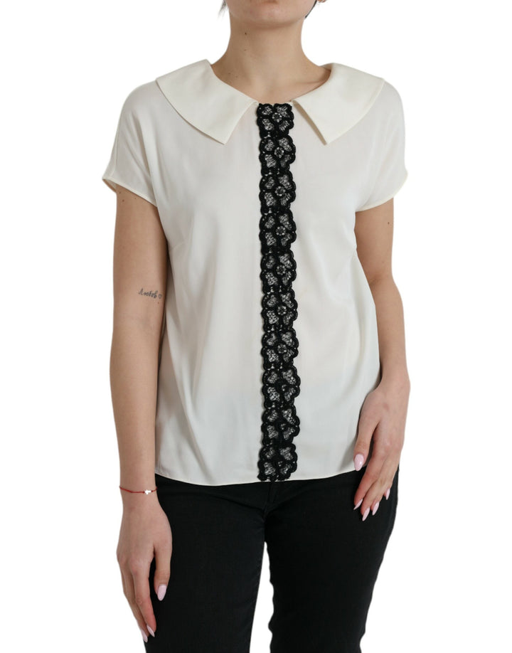 Dolce &amp; Gabbana - Off White Silk Lace Trim Short Sleeves Top