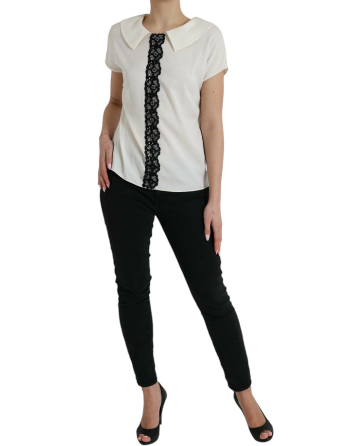 Dolce &amp; Gabbana - Off White Silk Lace Trim Short Sleeves Top
