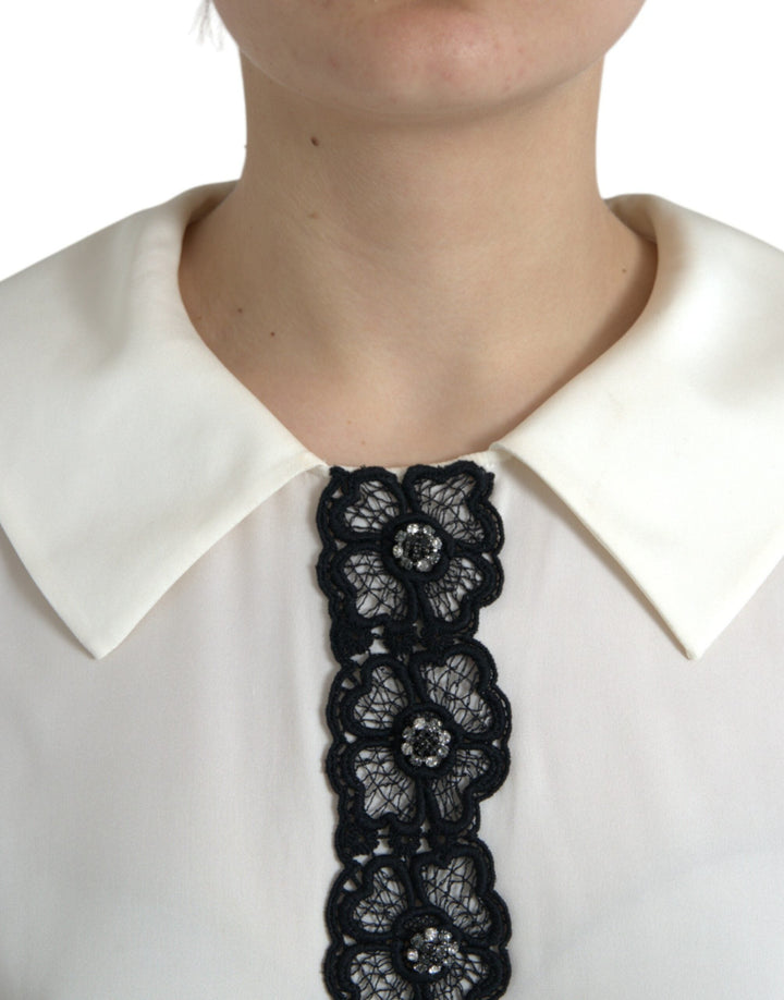Dolce &amp; Gabbana - Off White Silk Lace Trim Short Sleeves Top
