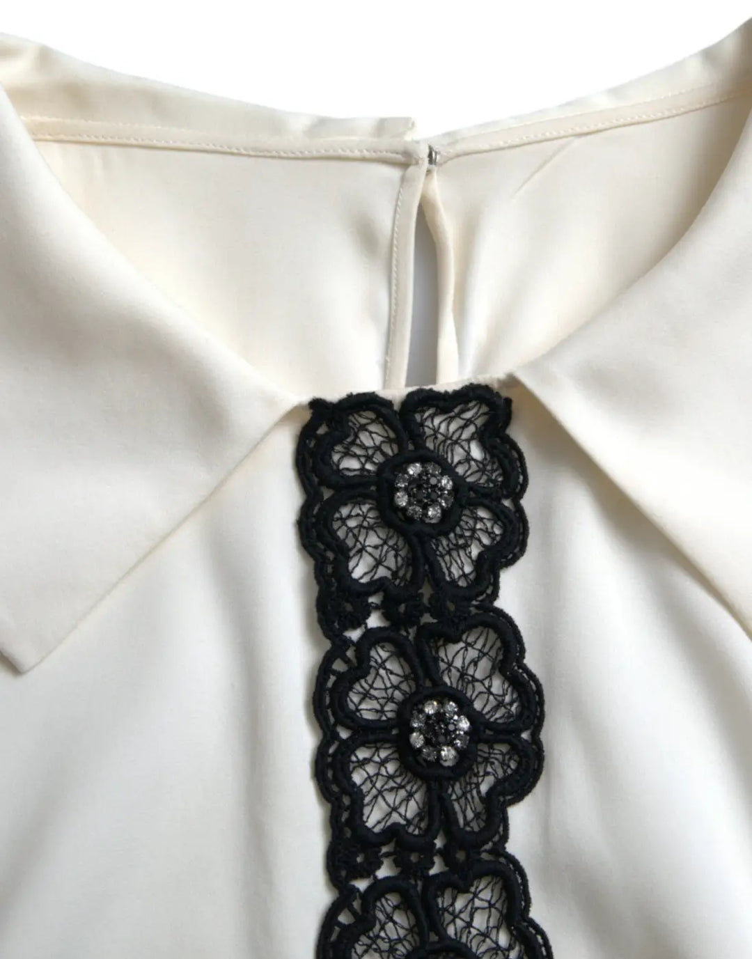 Dolce &amp; Gabbana Off White Silk Lace Trim Short Sleeves Top