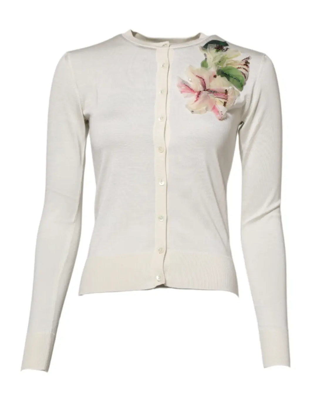 Dolce &amp; Gabbana White Silk Lily Buttoned Cardigan Sweater