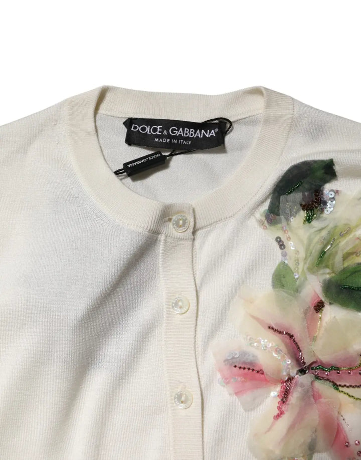 Dolce &amp; Gabbana White Silk Lily Buttoned Cardigan Sweater