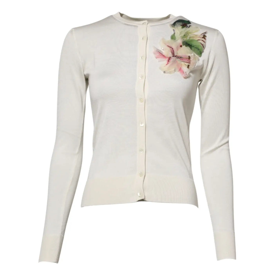 Dolce &amp; Gabbana White Silk Lily Embellished Cardigan Sweater