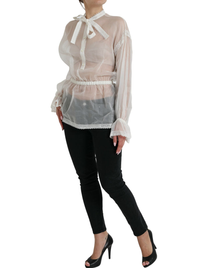 Dolce &amp; Gabbana - White Silk Long Sleeves Ascot Collar Top