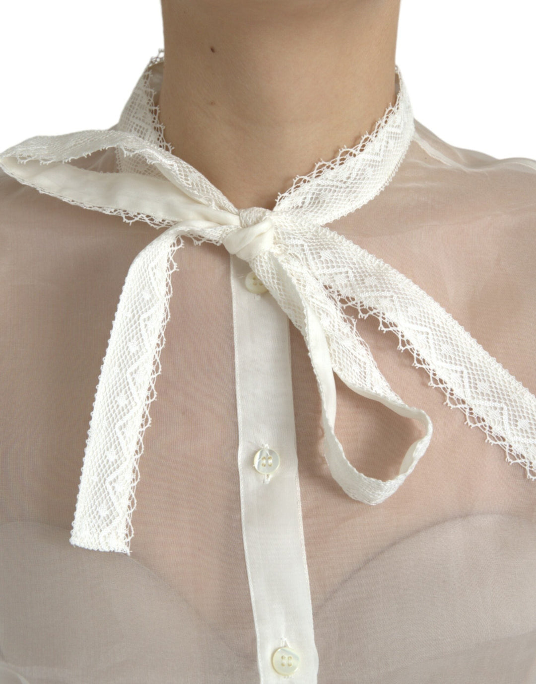 Dolce &amp; Gabbana - White Silk Long Sleeves Ascot Collar Top