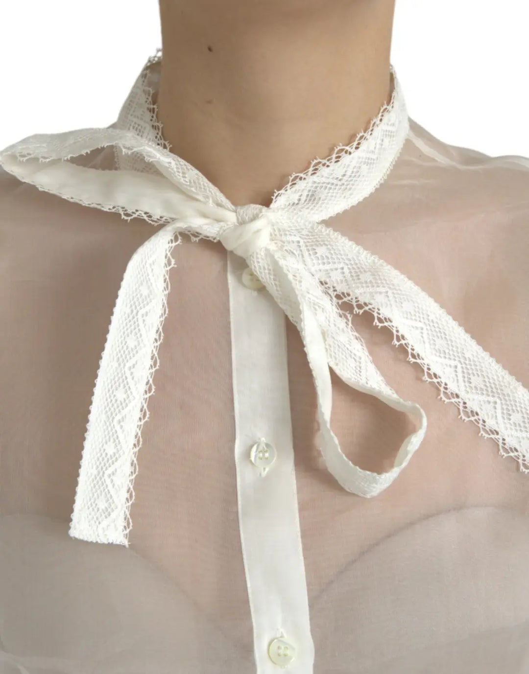 Dolce &amp; Gabbana White Silk Long Sleeves Ascot Collar Top
