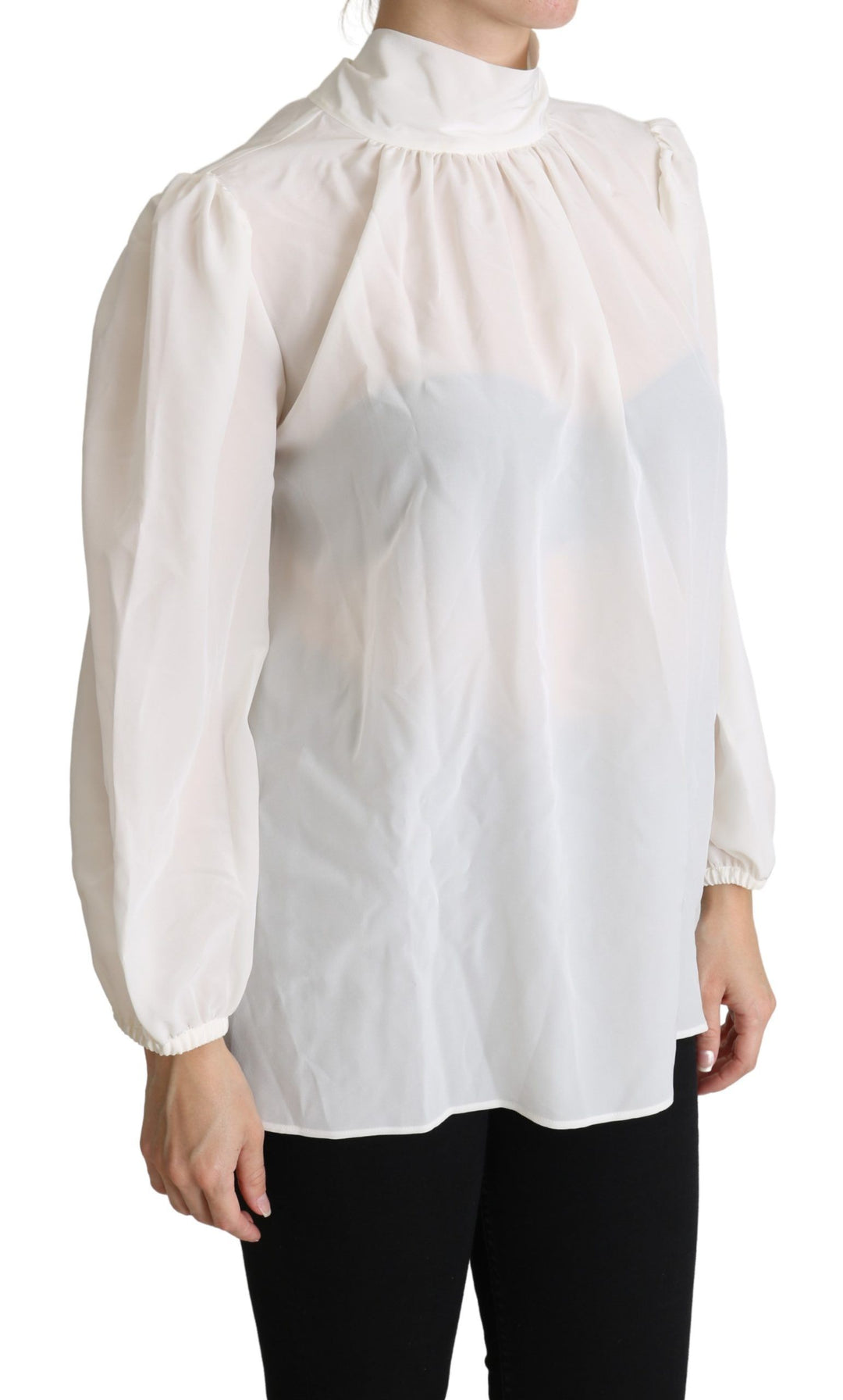 Dolce &amp; Gabbana - White Silk Pussy Bow Long Sleeved Top Blouse