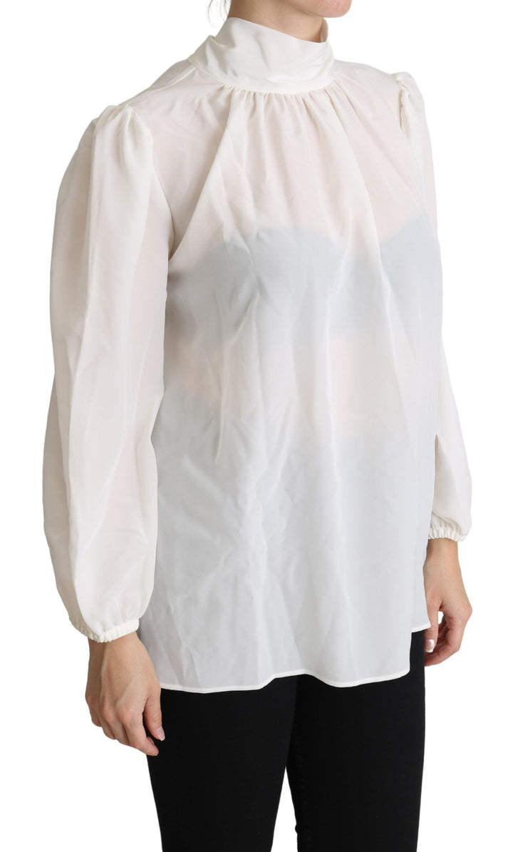 Dolce &amp; Gabbana - White Silk Pussy Bow Long Sleeved Top Blouse
