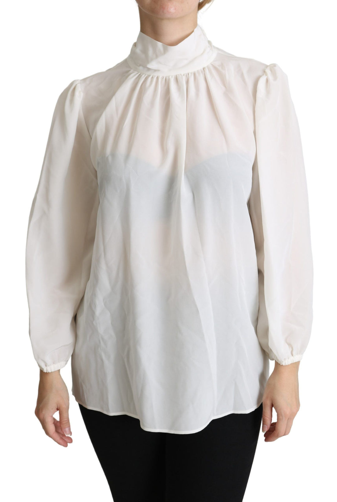 Dolce &amp; Gabbana - White Silk Pussy Bow Long Sleeved Top Blouse