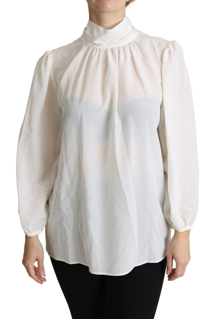 Dolce &amp; Gabbana - White Silk Pussy Bow Long Sleeved Top Blouse