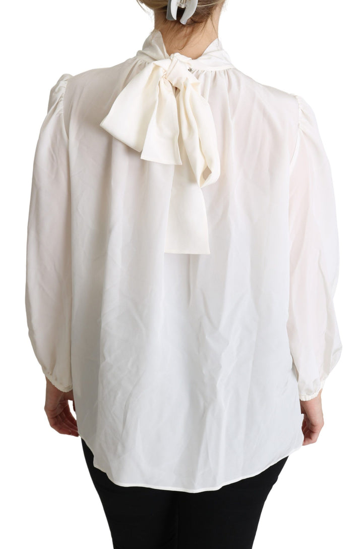 Dolce &amp; Gabbana - White Silk Pussy Bow Long Sleeved Top Blouse