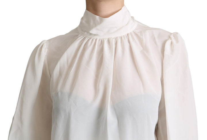 Dolce &amp; Gabbana - White Silk Pussy Bow Long Sleeved Top Blouse