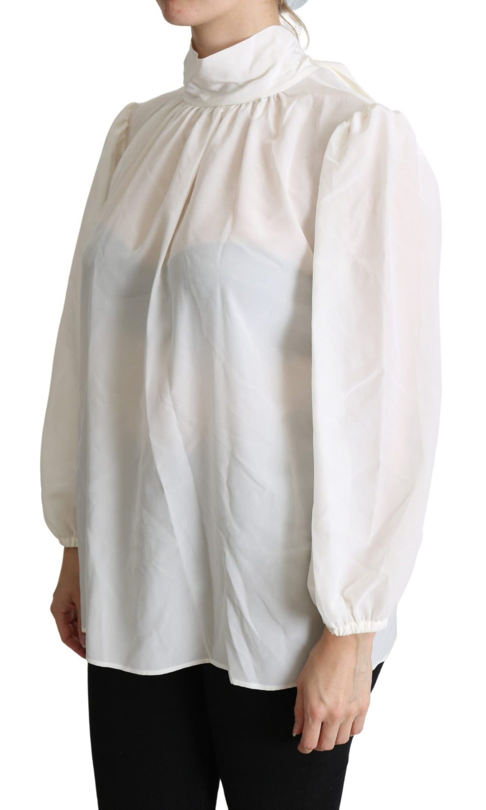 Dolce & Gabbana - White Silk Pussy Bow Long Sleeved Top Blouse