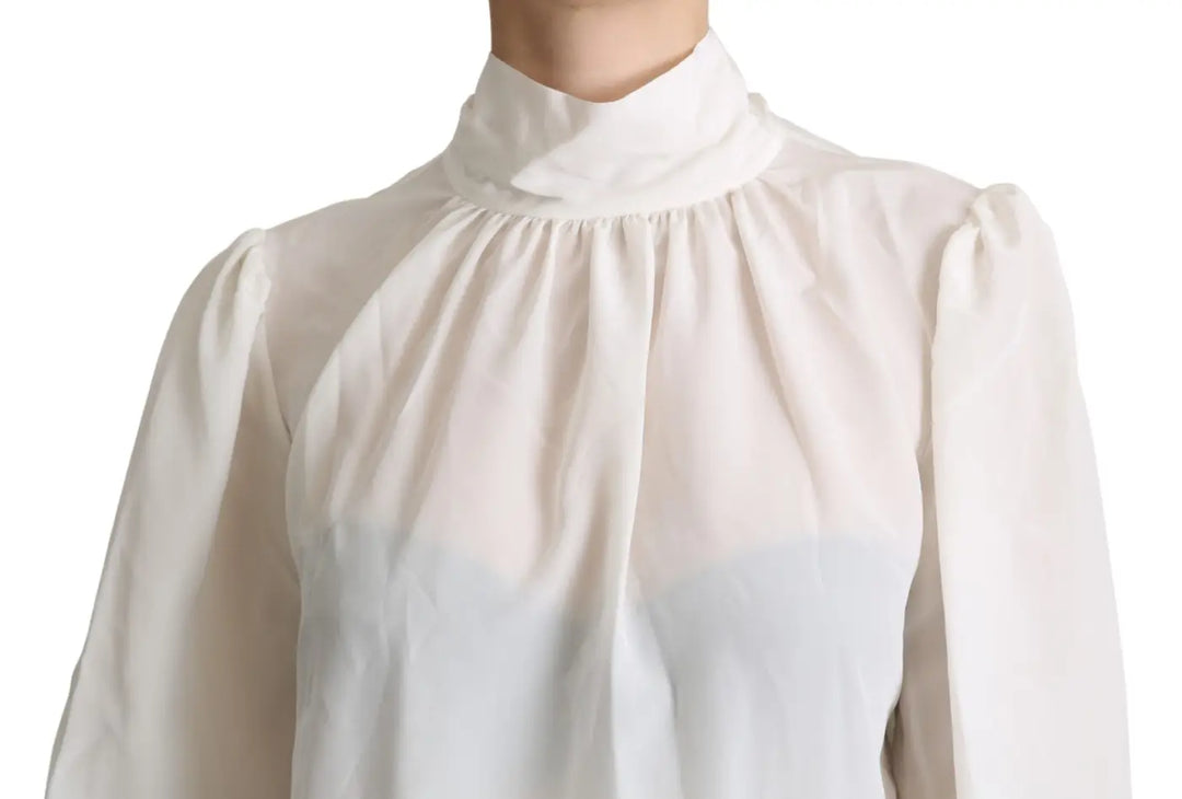 Dolce &amp; Gabbana White Silk Pussy Bow Long Sleeved Top Blouse