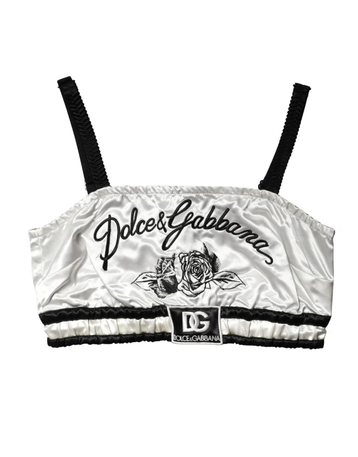 Dolce & Gabbana White Silk Satin Crop Black Logo Bralette Top