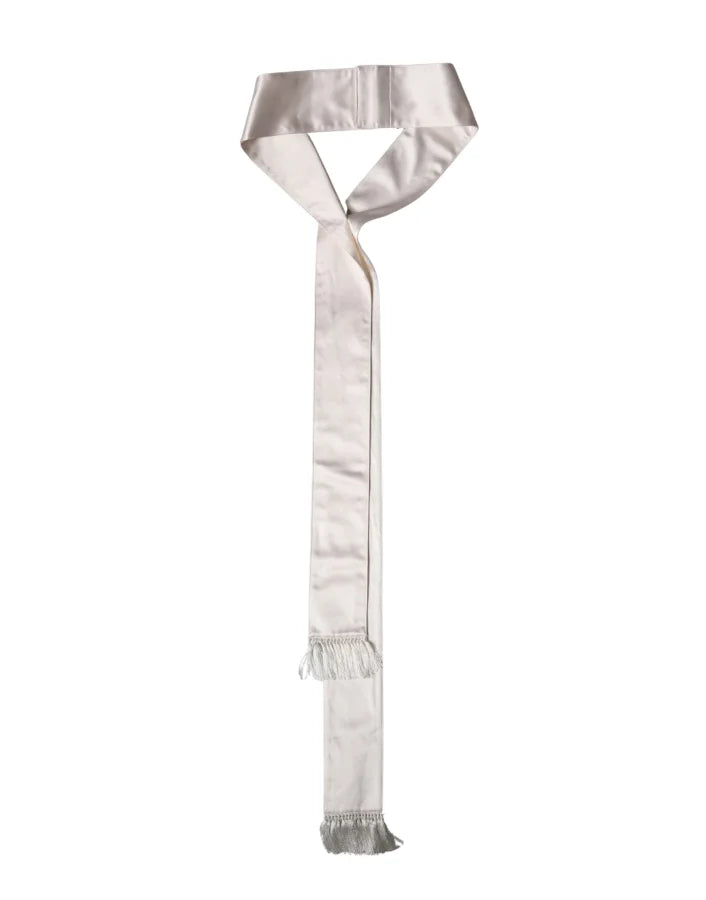 Dolce & Gabbana White Silk Satin Fringes Foulard 282cm x 10cm Men Scarf