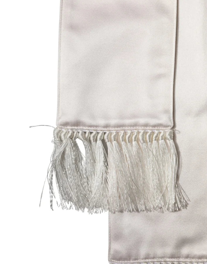 Dolce & Gabbana White Silk Satin Fringes Foulard 282cm x 10cm Men Scarf