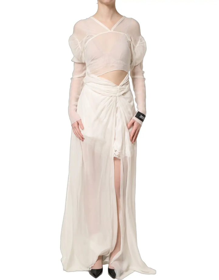 Dolce &amp; Gabbana White Silk Sheer Draped Long Gown Dress