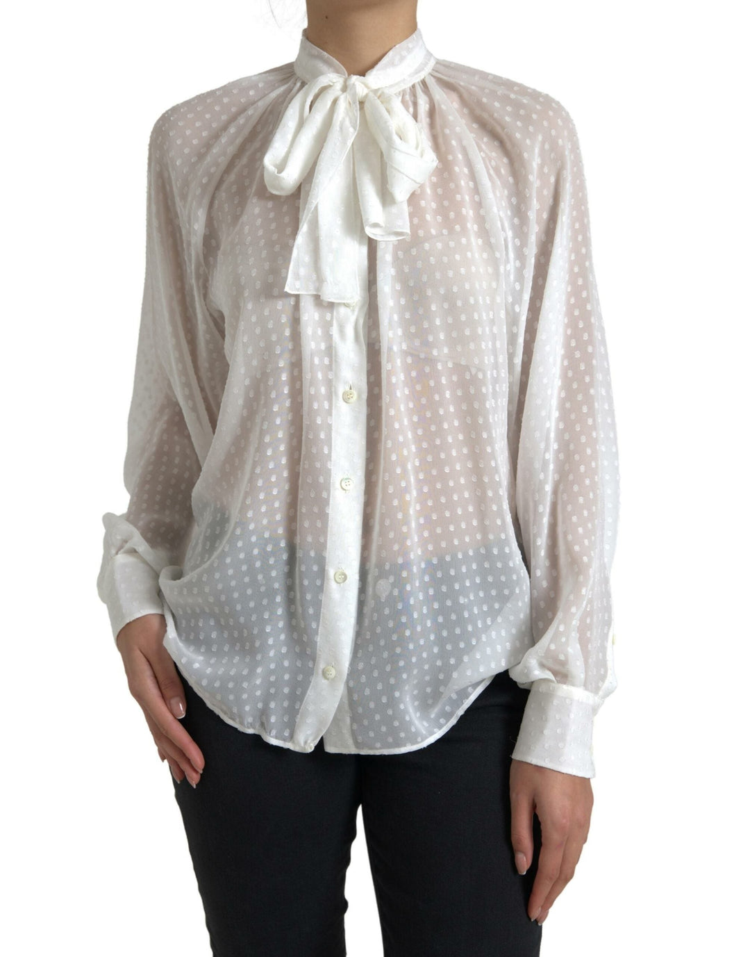Dolce &amp; Gabbana Blouses - Women’s White Silk Sheer Tied Neck Polka Dots Blouse