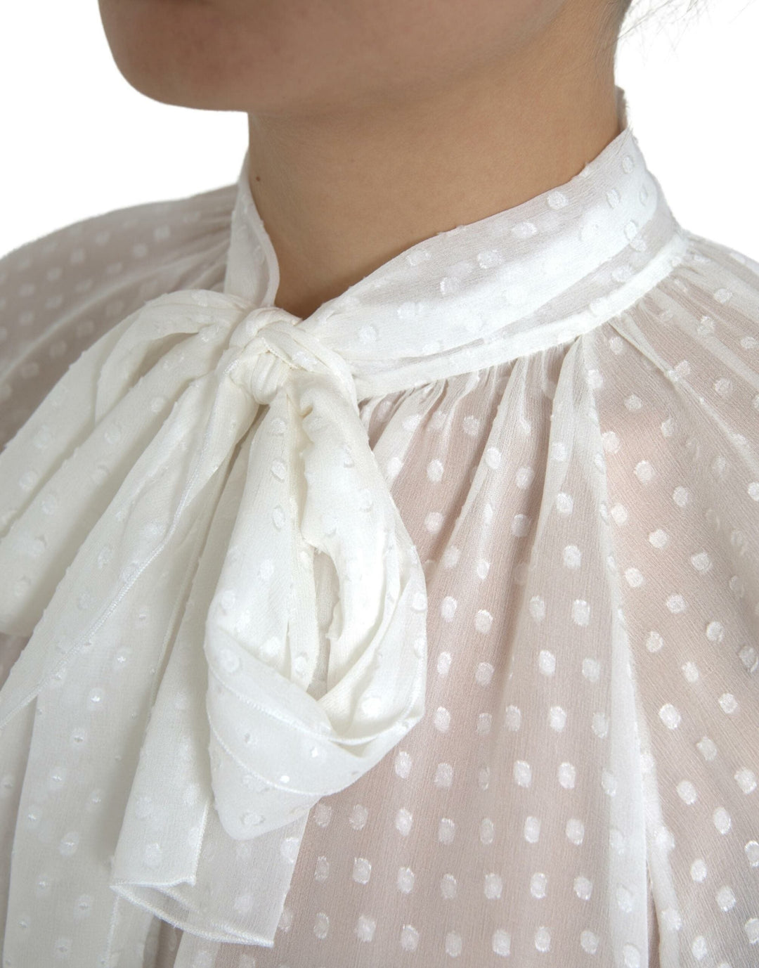 Dolce &amp; Gabbana Blouses - Women’s White Silk Sheer Tied Neck Polka Dots Blouse