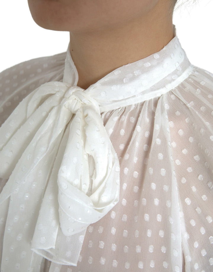 Dolce &amp; Gabbana Blouses - Women’s White Silk Sheer Tied Neck Polka Dots Blouse