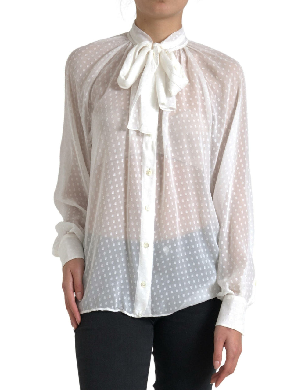 Dolce & Gabbana Blouses - Women’s White Silk Sheer Tied Neck Polka Dots Blouse