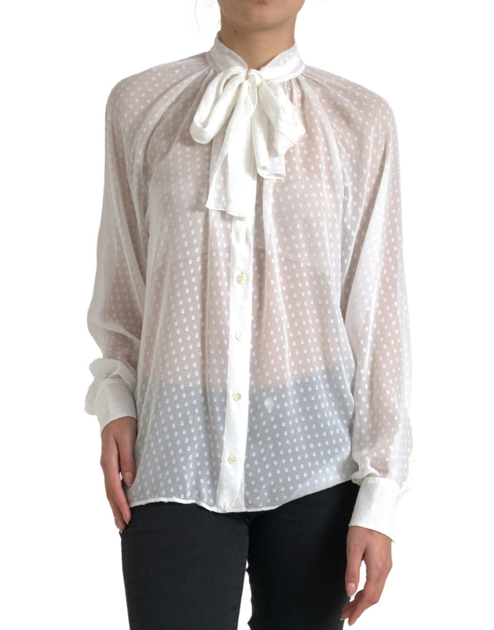 Dolce &amp; Gabbana Blouses - Women’s White Silk Sheer Tied Neck Polka Dots Blouse