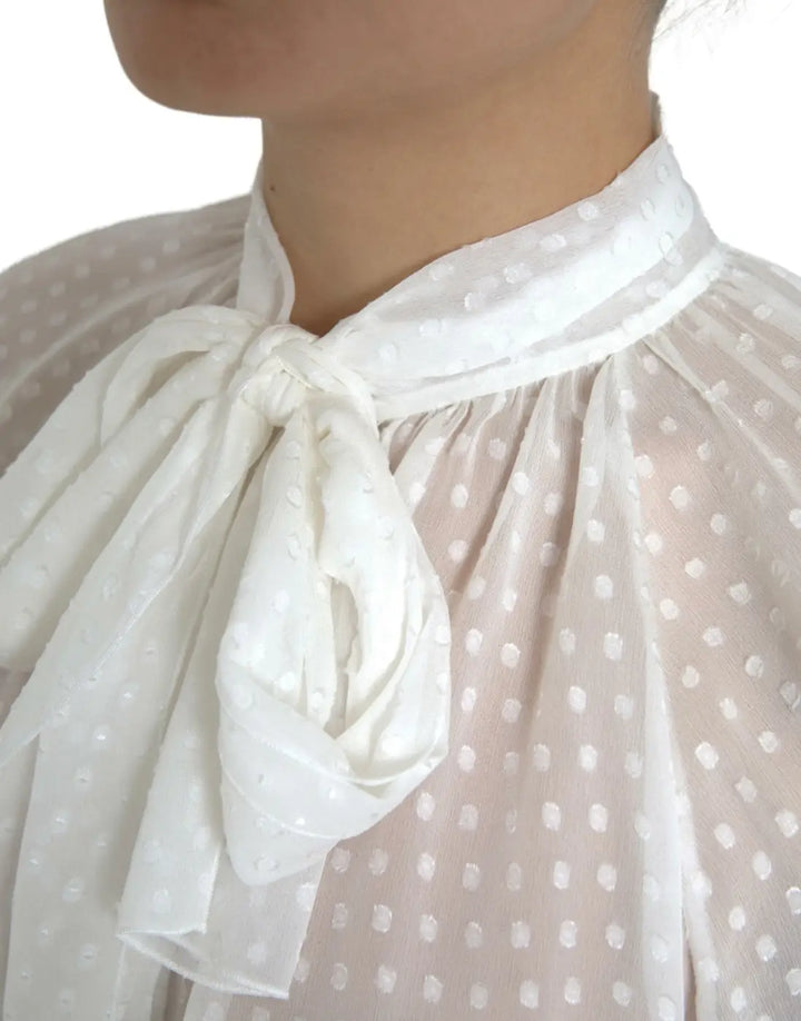 Dolce &amp; Gabbana White Silk Sheer Tied Neck Polka Dots Blouse
