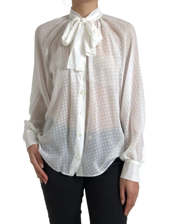 Dolce &amp; Gabbana White Silk Sheer Tied Neck Polka Dots Blouse